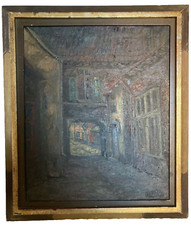 Ancien tableau peinture  rue ruelle signé à identifier