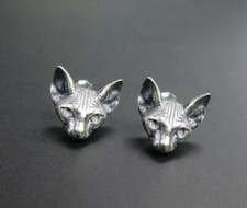 Handmade 925 Sterling Silver Hairless Sphynx Cat Stud Post Earrings Unique Cool