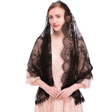 Écharpe en Dentelle Noire Foulard de Tête Voile de Chapelle Rectangulaire Spa...