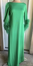 Vintage 70s Lilli Diamond Green Maxi Dress Marabou Feather Cuff Disco Hollywood