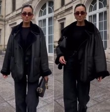 ZARA DOUBLE-FACED BLACK FAUX SHEARLING FUR LAPEL COLLAR AVIATOR JACKET COAT 2XS