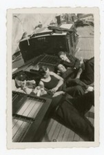 Vintage Silver Print Snapshot Photo, On Pontoon Boat Ground Crew Cabin