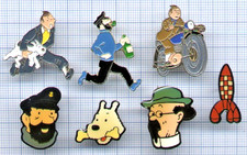 Lot of 7 Tintin Kuifje Comic Book Pin's / Motorcycle Dog & HAVY Rocket Haddock Sunflower