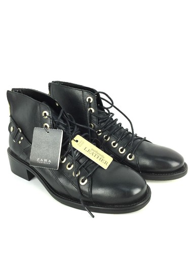 Zara cuir noir plat bottines - plat,