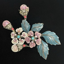 Stunning Huge 1940'S VTG Pot Metal Enamel Rhinestone Floral Bouquet Brooch Pin