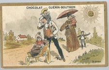 Chromo Guérin Boutron humour soleil ombrelle chaleur famille landau poussette 
