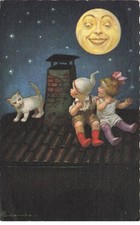 Colombo - Couple de jeunes assis sur un toit - Chat - Lune humanisée