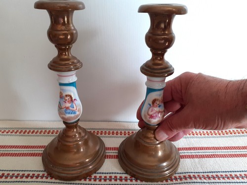 Paire bougeoirs anciens en - de,