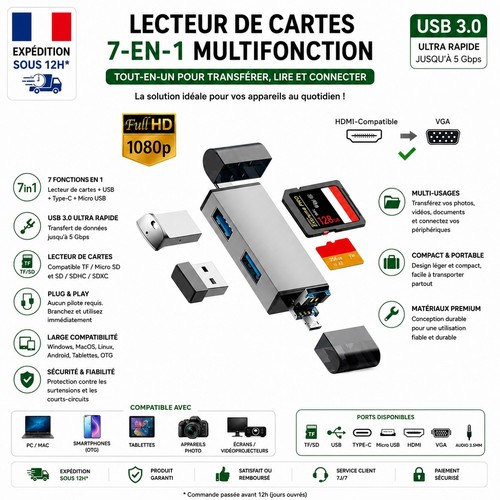 Lecteur cartes en - lecteur, 7-en-1