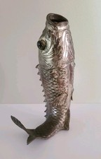 Vintage Antique Asian Koi Silver Plated Vase Fish Carp Metal Sculpture Glass Eye