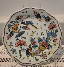 Antique French Rouen Faience Pottery Plate Handpainted Birds Butterfly Flowers