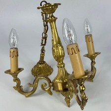 Vintage French 3 Arm Small Ornate Stamped Bronze, Metal Ceiling Light Chandelier