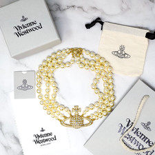 Vivienne Westwood Choker Necklace Pearl Triple Gold Tone Orb Bas Relief Box Set