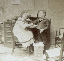 Two Kids Desk Typewriter 1897 Photo Kilburn Stereo Vintage §n1