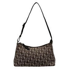 Auth DIOR/ChristianDior Trotteur Dark Brown Cream Jacquard Leather Shoulder Bag