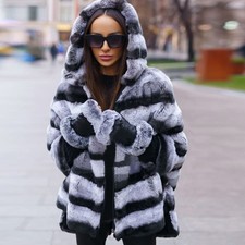 Women's Chinchilla Real Rex Rabbit Fur Hooded Coat Zipper Winter Jacket Overcoat