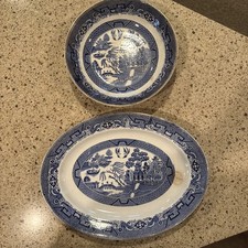 VINTAGE SOCIETE CERAMIQUE MAESTRICHT-“WILLOW”HOLLAND Serving Platter & Bowl Set