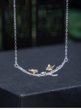 I04 Collier vergoldete Vögel auf einem Zweig Sterling Silber 925 