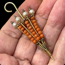 Umbrella Pin Vintage Gold Plated Faux Pearls Coral Color Beaded Parasol 2.25”