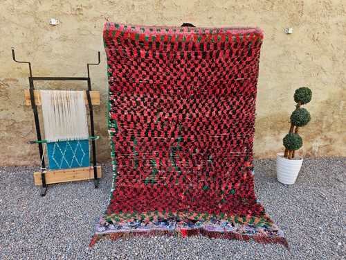 Moroccan boucherouite rug red - rug,