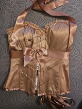 Corset Story Rose Gold Satin Halter Strap Bow Steel Boned Corset Top Size 12 UK
