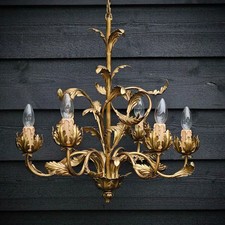 Gold Italian Tole chandelier with acanthus leaves 6 lights, Hollywood Regency