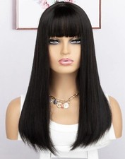 Perruque Synthétique Noir A Frange Cheveux Long Lisse Neuf +4 Bonnet OFFERT FR