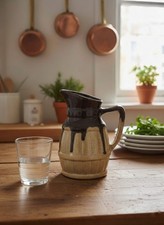 Rustic sandstone pitcher, brown and beige milk jug, vintage water pot