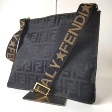 FENDI Shoulder Bag Logo Strap Zucca Nylon Black Sacoche Vintage From Japan