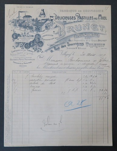 Facture 1909 pastille - 1909, miel