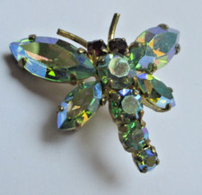 Broche libellule couleur or cristaux à facette élégant ancien bijou vintage 294