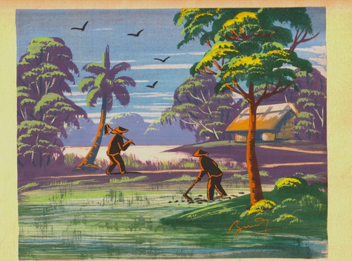 Peinture sur soie signée - , par