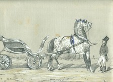 Two horses pulling a carriage - original antique drawing
