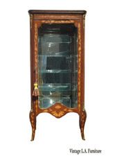 Antique French Louis XV Display Cabinet Vitrine w Marble Marquetry Brass Accents
