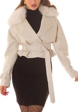 Womens Faux Fur Collar Lined Faux Leather Short Trench Jacket 6906