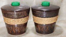 Vintage 2 X Table Topper Flame Holder Bowl & Lid Brown Twine Rope Trim 5X4.5"
