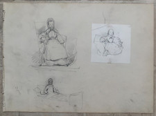 Crayon ancien Croquis Portrait Jeune mère robe coiffe enfant fillette Vers 1850