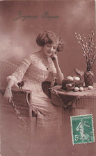CP HAPPY EASTER YOUNG WOMAN IN ARMCHAIR WICKER NEST EGGS CHICKS