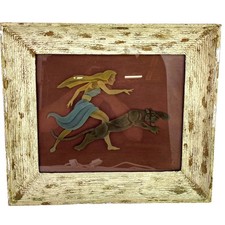 Vintage 1950s Art Deco Woman Walking Panther Etched Glass Framed Art Light RARE