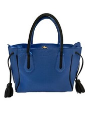LONGCHAMP Penelope Tassel Blue Black Drawstring Leather Tote Handbag, Purse