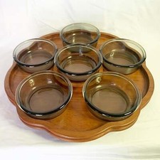 Modernist Quistgaard Denmark Teak Lazy Susan With 9 Matching Smoked Glass Bowls