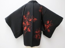 Japanese Black Haori Jacket-Kimono Silk Branches Leaves Traditional 120y EB-299