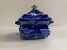 Historical Staffordshire Blue Sugar Bowl Boston Harbor Pattern Eagle