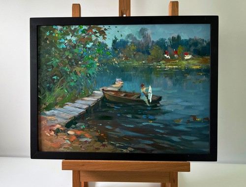 Oil painting girl boat - on, a