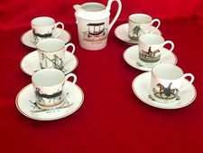 Paris Porcelain Mocha Service Decor Motor Boats Motor Horses