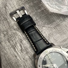 Pour Officine Panerai Luminor Marina 24mm Noir Cuir de Veau Bracelet de Montre