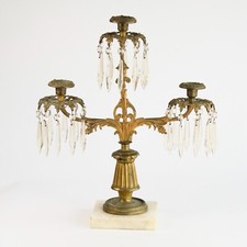 Antique Gilt Brass Candleabra w/ Drop Crystals Three Arm Candle Candleholder