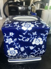 Porcelain Tissue Box Cover Vintage Blue & White Floral Chinoiserie Unique 6"x 6"