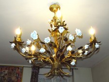 OLD METAL CHANDELIER PAINTED GOLD WITH FLOWERS PORCELAIN CAPODIMONTE