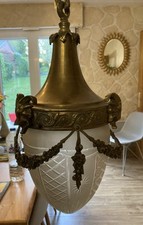 Ancien Rare Suspension lustre Bronze Tête Belier Verre Obus Ciselé napoleon III